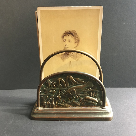 Wonderful Arts & Crafts Brass Letter Rack embossed with a glorious fish swimming in a Riverbed