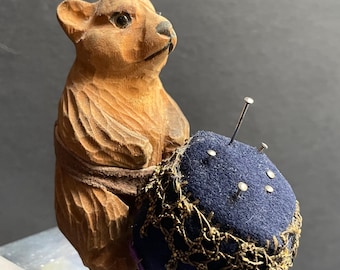 Oh so Sweet Antique Wooden Bear with Pincushion Drum