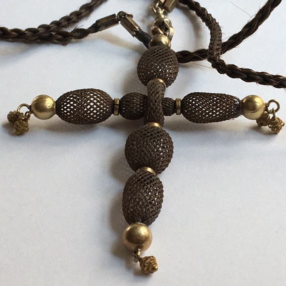 Stunning Victorian Woven Hair Cross Pendant with Long Plaited Hair Chain