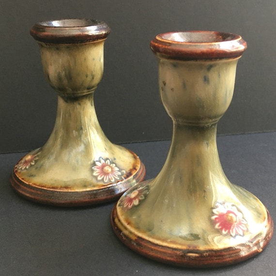 Lovely Pair of Lambeth Doulton Candlesticks with the makers mark of Lilly Partington