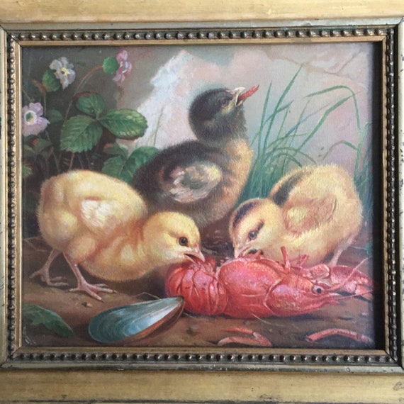 Quite Fantastical Victorian Painting of Chicks eating the Leftovers from the Sea Food Course