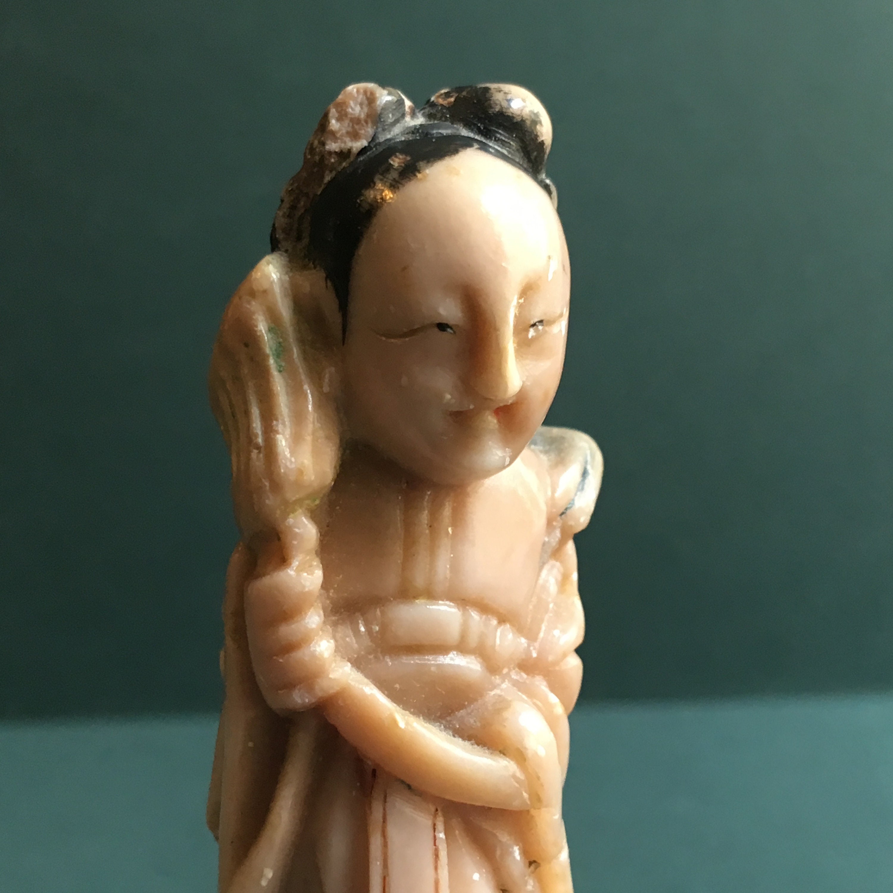 Beautiful Little Antique Chinese Soapstone Figurine of Chinese Immortal He Xiangu