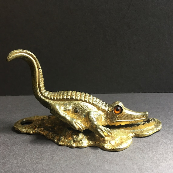 Simply Stunning Victorian Figural Gilt Brass Letter Clip in the form of a kindly faced  Alligator