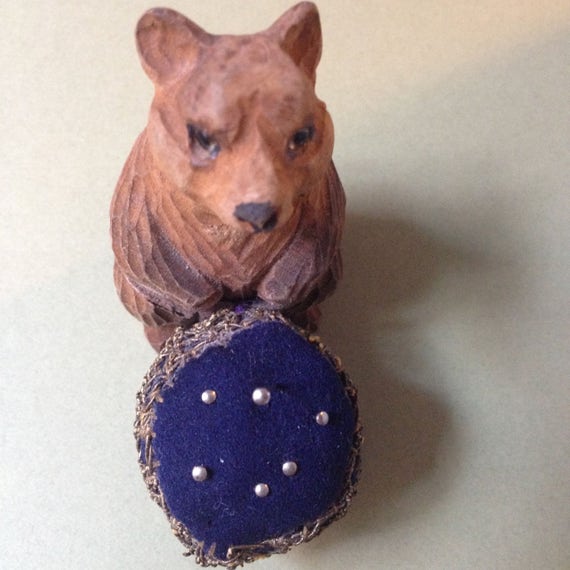 Oh so Sweet Antique Wooden Bear with Pincushion Drum