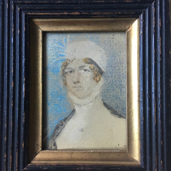 Antique Miniature Portrait of Woman in White Turban in Front of Blue Wallpaper And a Face I cannot Forget