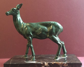 Art Deco Spelter Doe Sculpture, Verdigris Finish, Marble Base