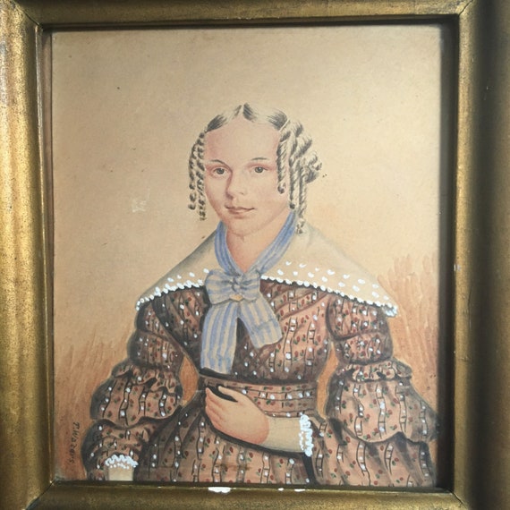 Wonderful Antique Folk Art Portrait of a Young Woman of Enviable Style