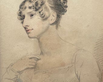 Antique Head and Shoulders Portrait of a Beautiful Young Woman in White Empire Dress. Circa 1810