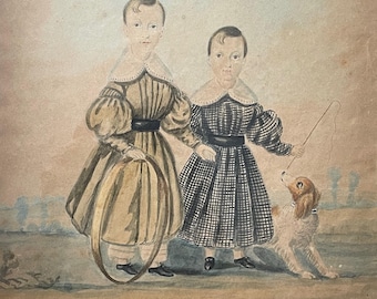 Antique Folk Art Portrait of Two Brothers and their Dog