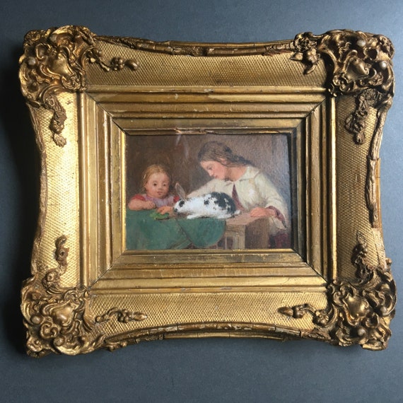Just the most Joyful Little Antique Painting of Two Young Girls with their Darling Pet Rabbit