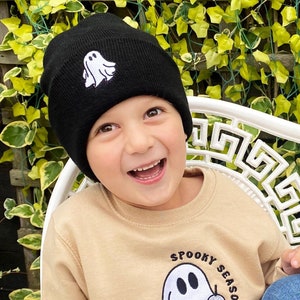 Child Ghost Beanie. Embroidered Unisex Hat Winter Essential Halloween Fashion Gifts Hallows eve Pumpkin Fall Autumn Spooky Season Fun Scary