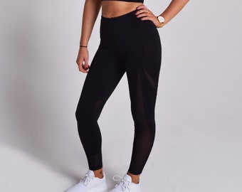 Mesh Panel Leggings: Black Sports Yoga Pants