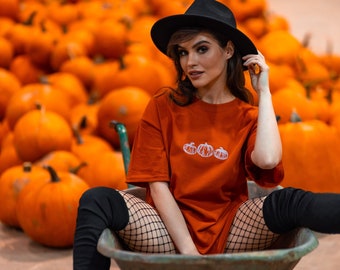 Pumpkin Embroidered T-Shirt Unisex Oversized Halloween Fashion Casual Gift for Her blogger Influencer Hallows eve Spooky Festive Fall Autumn