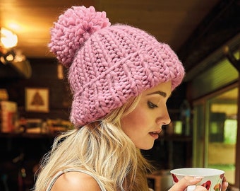 Oversized chunky knit beanie. Bobble Hat Unisex Pink Navy Cream Hat Winter Essential Cute Fashion Gifts Warm Cosy chunky yarn luxury pom pom
