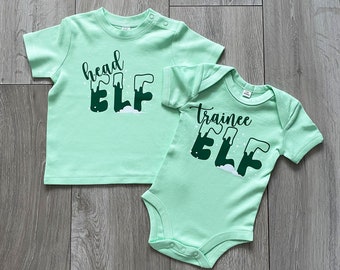 Head Elf/Trainee Elf T-Shirt or Babygrow. Baby Reveal Cute Gift Christmas Xmas Santa Costumes Matching Siblings Tops Twinning Elves