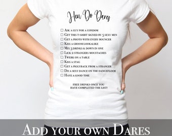 Hen Do Dares T-shirt pour femme. Enterrement de vie de jeune fille, enterrement de vie de jeune fille, drôle, humour, blague, mariée, demoiselle d'honneur, fête de mariage, soirée, poules entre filles