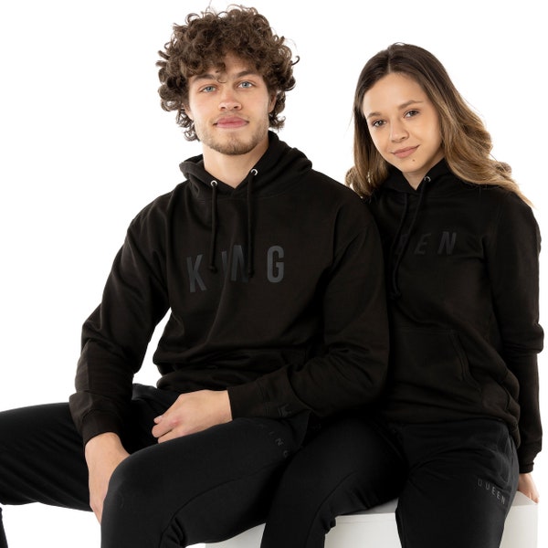 King & Queen Embossed Black Hoodies Twin Pack. Cute Couples Matching Goals Novelty Chill Relationships Gifts for her His Hers Mr