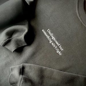 Op de afbeelding: Zwart sweatshirt met witte geborduurde tekst die "Undiagnosed but something ain't right" luidt.