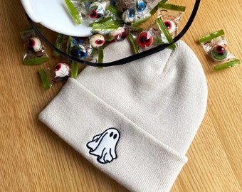 Ghost Beanie. Embroidered Unisex Hat Winter Essential Halloween Fashion Gifts for Her Him Hallows eve Pumpkin Fall Autumn Spooky Season Fun