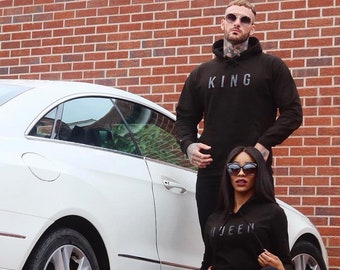 King & Queen Embossed Black Hoodies Twin Pack. Cute Couples Matching Goals Novelty Chill Relationships Gifts for her His Hers Mr Valentines