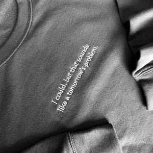 Può includere: Felpa grigia con il testo "Potrei, ma questo suona come un problema di domani."