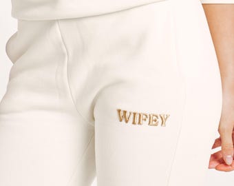 WIFEY Personalised Joggers. Embroidered Wedding Gift Honeymoon Bride Era Miss to Mrs Hen Do Airport Outfit Sweatpants
