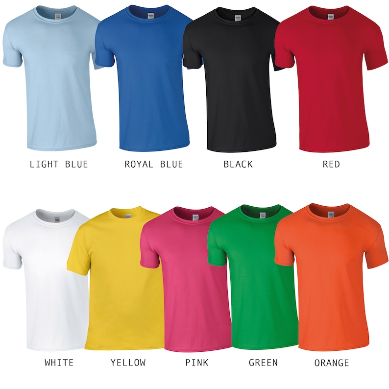 May include: A collection of ten short-sleeved t-shirts in various colors, including light blue, royal blue, black, red, white, yellow, pink, green, and orange. Each shirt has the color name printed below it.