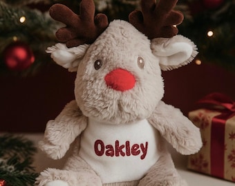 Personalised Reindeer Plushie Teddy Gift Christmas Rudolph Stocking Filler Santa Squishable Cuddly Father Xmas Eve Box Customised Present