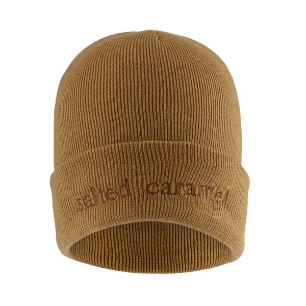 Salted Caramel Beanie. Unisex Embroidered PBJ Foodie Cute Novelty Winter Essential Jelly Jam Food Junkie PBJT Hat Cosy Warm Toasty Dessert