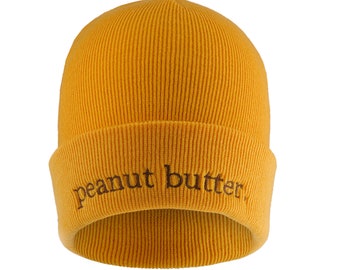 Peanut Butter Beanie. Unisex Embroidered PBJ Foodie Cute Novelty Winter Essential Jelly Jam Food Junkie PBJT Hat Cosy Warm Toasty