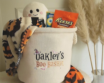 Embroidered Boo Basket. Personalised Hamper Halloween Candy Tote Customised Gift Bag Trick or Trick Bag for Kids Adults Spooky Season Trug
