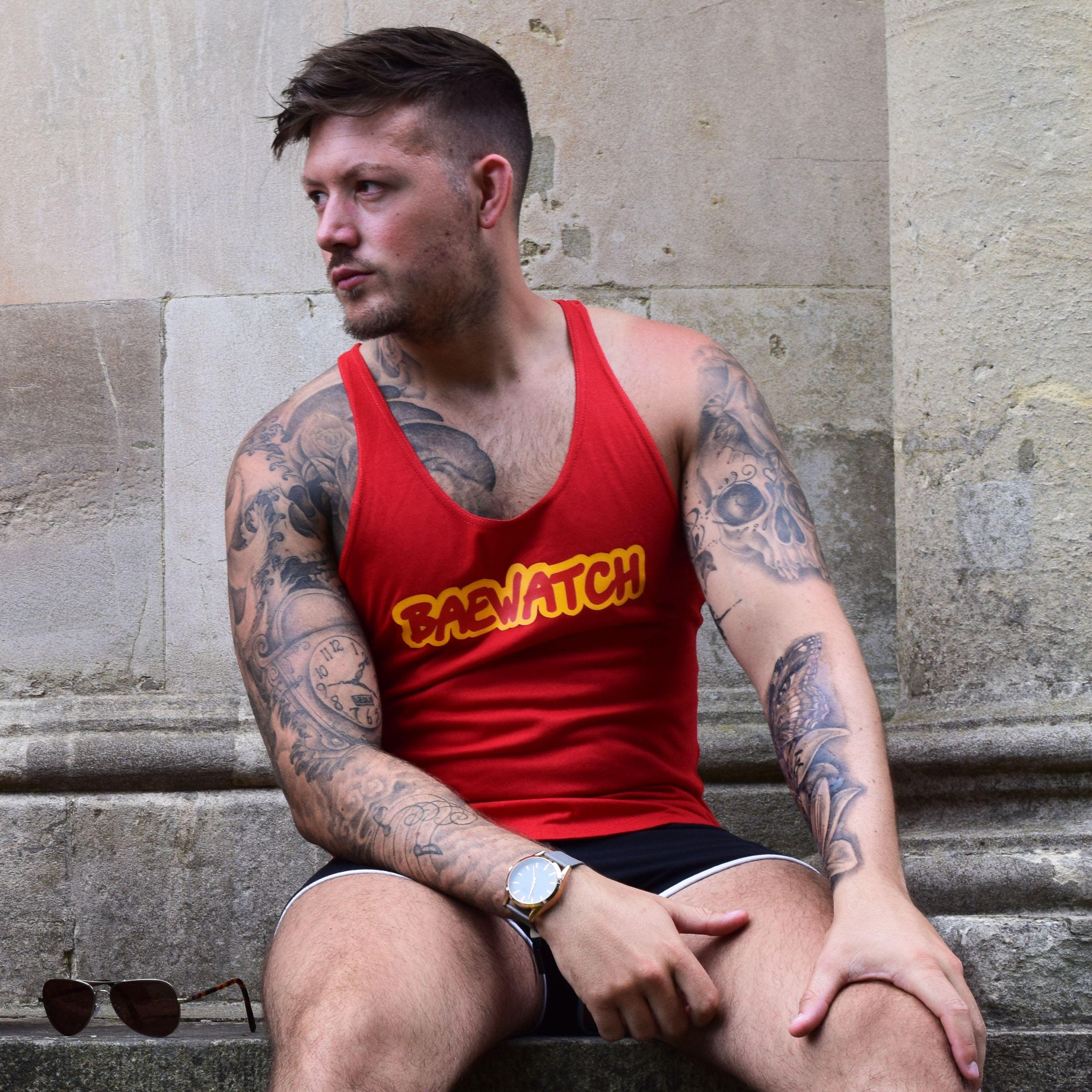 Image of Baewatch Stringer. Humour, Funny, Vest, Spoof, Bae, Parody, Girlfriend Boyfriend, Stringlet, Beach Vibes, Fashion, Summer Bod, Wear