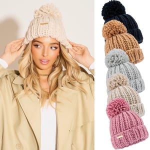 Oversized Chunky Knit Beanie. 5 Colours Twisted Saint Bobble Hat Unisex Winter Essential Cute Gift Idea Warm Cosy Hand Knitted Pom Pom