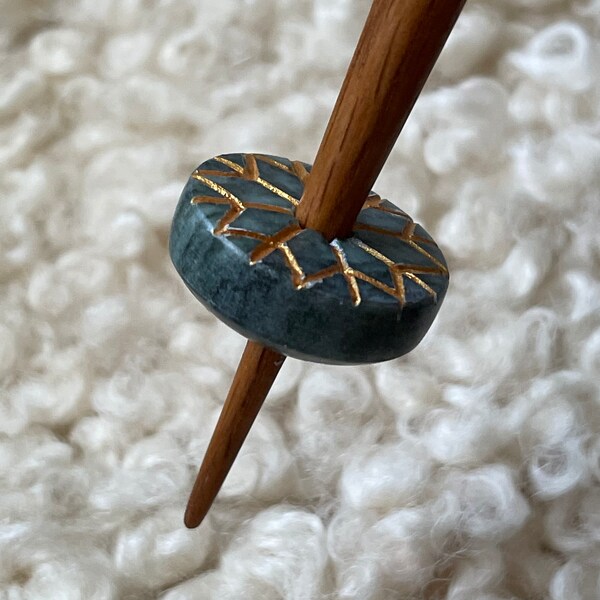 Hand Turned Soapstone Spindle Whorl in Sea Green, Gold Etching