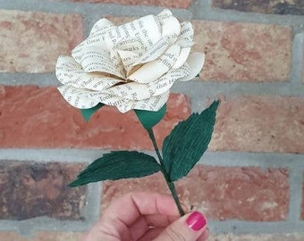 Single Stemmed Book Page Paper Flower Rose - Handmade Paper Flowers - Valentine's Gift - Thank You Gift