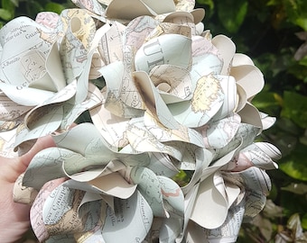 Travel Map Roses, Paper Flower Roses, Bouquet, Paper Roses, Bridal Bouquet, Travel Wedding, Vintage Map Bouquet