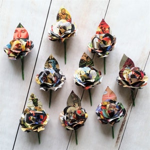 9 x Comic Book Buttonhole / Boutonniere  - Comic Book Paper Flower Roses, Alternative Flowers
