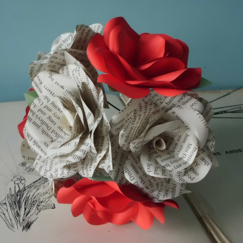 6 X Book Paper Flowers and Red Roses Mixed Bouquet Etsy UK