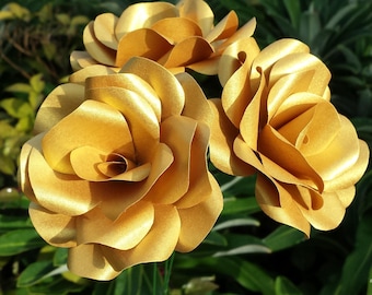 3 x Gold Paper Flowers, Handmade Paper Roses - Decorations - Table Decorations