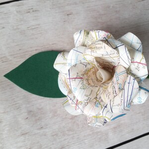 3 x Map Buttonholes / Boutonnières, Wedding Flowers, Handmade Paper Flowers, Travel Themed Wedding Green Leaf