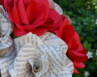 6 x Book Paper Flowers and Red Roses Mixed Bouquet
