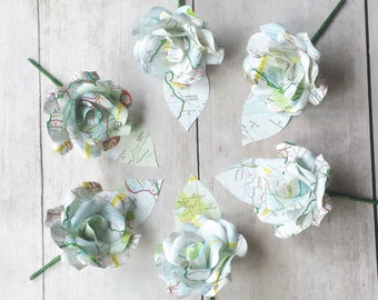 12 x Map Buttonholes / Boutonnières, Wedding Flowers, Handmade Paper Flowers, TravelThemed Wedding