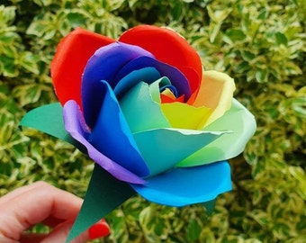 Rainbow Paper Rose | Stemmed Flower | Valentines Gifts | Wedding Flowers | Paper Anniversary