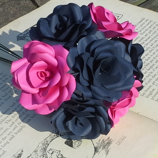 12 x Navy Blue & Hot Pink Paper Flowers, Handmade Paper Roses,Alternative Flowers, Wedding Flowers, Paper Flowers