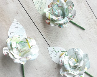 3 x Map Buttonholes / Boutonnières, Wedding Flowers, Handmade Paper Flowers, Travel Themed Wedding