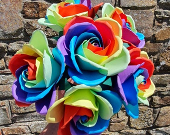 6 Rainbow Paper Roses: Handmade Stemmed Flowers