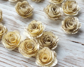 Vintage Map Rolled Roses, Weddings Decorations, Invitations, Embellishments, Paper Crafts x 25