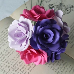 12 x Mixed Paper Flower Roses, Purple, Lilac & Pink Roses Bouquet, Handmade Dozen Roses, Romantic Gift