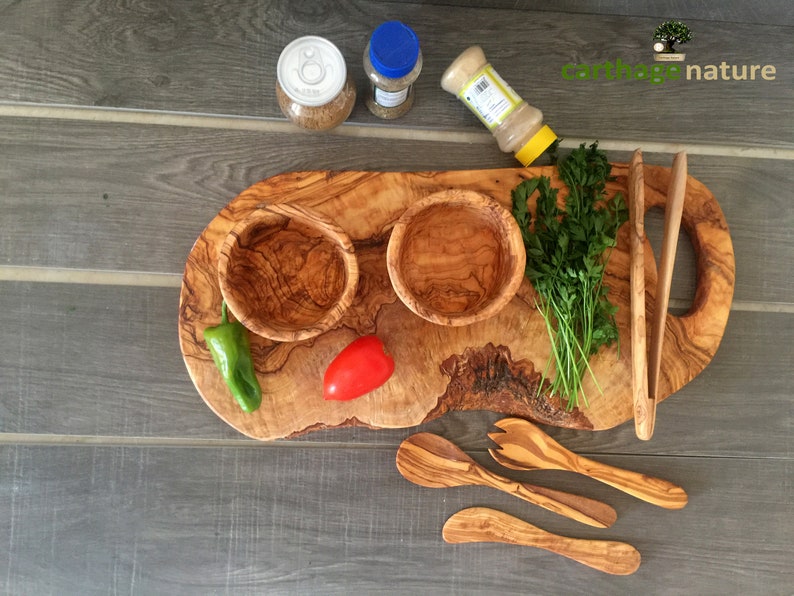 kitchenware Olive Wood board Original Christmas gift Tongs center table tableware 3 Utensils 2 Rond bowls mom present