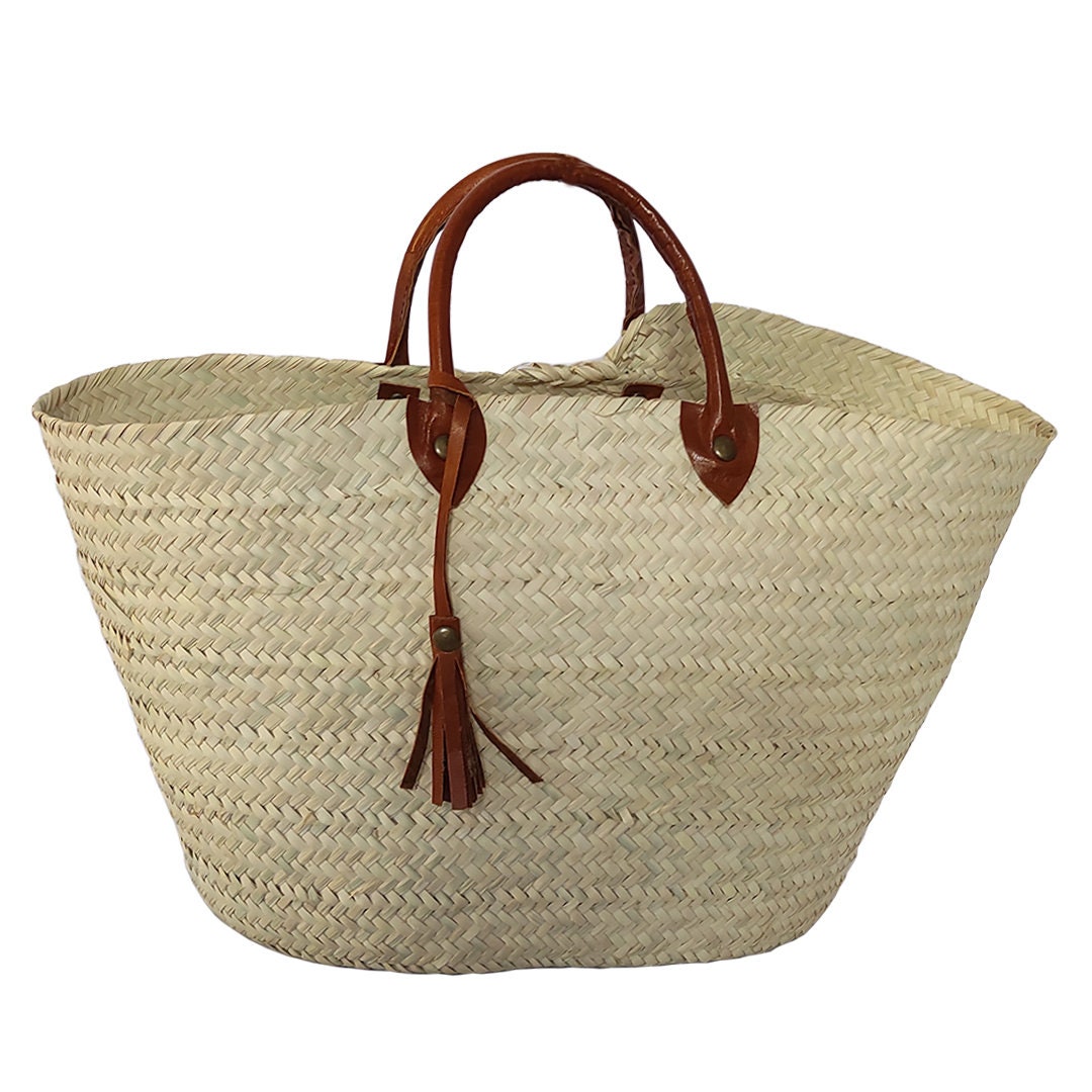 Cadeau Noel, Couffin Traditionnel en Fibre de Palmier Naturelle Anses Courtes Véritable Cuir, Cadeau